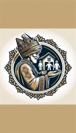 یک تصویر بساز مناسب لوگو برای املاک پادشاه که توی تصویر یک پادشاه ایرانی درحال هدیه دادن خونه به مردم هست