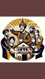 یک تصویر بساز مناسب لوگو برای املاک پادشاه که توی تصویر یک پادشاه ایرانی درحال هدیه دادن خونه به مردم هست و مردم همگی خوشحال هستن