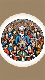 یک لوگو بساز به صورت دایره ای برای املاک که توی تصویر لوگو یک پادشاه ایرانی درحال هدیه دادن خونه با دستان خود به تعدادی کمی مردم هست و مردم همگی اورا نگاه می‌کنند و دست می‌زنند