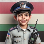 یک عکس واقعی از پسربچه ۶ ساله با لباس پلیسی بلند مرتبه ایران و کلاه پلیسی درحالیکه با لبخند به دوربین نگاه می‌کند و بیسیم در دست دارد با بک گراند مات پرچم ایران بساز