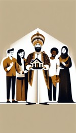 یک لوگو بساز برای املاک پادشاه که توی لوگو یک پادشاه ایرانی درحال هدیه دادن خونه به مردم هست