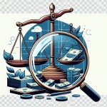 generate an image from a Scales of justice with a magnifying glass beside and bubch of dollers with no background, image is showing justice and Economic transparency
