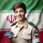 عکس پسربچه با لباس پلیسی ایران بیسیم به دست با بک گراند مات پرچم ایران درحالیکه با لبخند به دوربین نگاه می‌کند بساز لباسش رنگ تیره نباشه و عکس واقعی باشه
