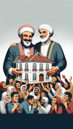 یک تصویر بساز مناسب لوگو املاک که توی تصویر یک پادشاه ایرانی درحال هدیه دادن خونه با دستان خود به مردم هست و مردم همگی خوشحال هستن