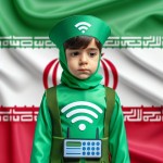 عکس واقعی یک پسر ۶ ساله با لباس سبز پلیسی ایران بیسیم به دست با پس زمینه مات پرچم ایران بساز