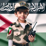 عکس واقعی یک پسر ۶ ساله  در لباس پلیس سرهنگ ایران درجه دار نظامی که بادلبخند به دوربین نگاه می‌کند و بی سیم در دست دارد و پس زمینه تصویر مات پرچم ایران باشد