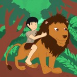 یک پسر بچه سوار بر شیر نر در وسط جنگل