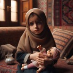 دختر بچه ۵ ساله ایرانی با روسری  و غمگین روی مبل نشسته و عروسکش بغلش هست در اتاق ایرانی