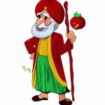 عکس بابا نوروز با سبیل سفید صورت مهربان لباس قرمز شلوار سبز و یک گونی سیب در حال حمل ان