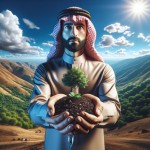 یک تصویر بساز از دست یک مرد که در کف دستان او خاک قرار دارد و در خاک یک درخت روییده است و در پشت تصویر طبیعت است