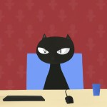 دختر گربه ای سیاه در حال کار کردن با کامپیوتر