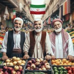 یک تصویر بساز از یک بازار میوه و خوراکی که چند پیرمرد یکی با پیراهن سفید و جلیقه مشکی و یکی با لباس کردی قهوه ای و یک پیر مرد هم با لباس سفید و شال عربی قرمز و سیاه پوست خوشحال هستند و پرچم ایران هم در پشت تصویر است