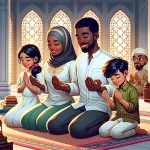 زن وشوهر مذهبی و مومن در مسجد با فرزنداشان