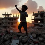 کودک فلسطینی در کنار خانه های خراب شده خوشحال است