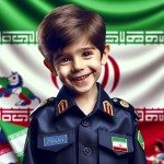 عکس یک پسر هفت ساله ایرانی که لباس پلیس ایران را پوشیده و با لبخند به دوربین نگاه میکند و پس زمینه تصویر مات پرچم ایران است را بساز