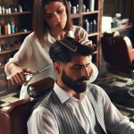 یک اقا در آریشگاه روی صندلی آرایشگه نشسته و آقای آرایشگر که قیچی و شانه در دست دارد مشغول آرایش بر روی سر او است