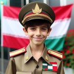 عکس یک پسر ۱۲ ساله ایرانی لباس یگان ویژه 
و در پس زمینه تصویر مات پرچم ایران است تولید کن و  سپاهی پوشیده و با لبخند به دوربین نگاه میکند