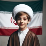 یک پسر ۱۲ ساله ایرانی که لباس روحانیت ایرانی پوشیده یعنی عمامه سفید و عبای قهوه ای ساده پوشیده و با لبخند به دوربین نگاه میکند و در پس زمینه تصویر مات پرچم ایران هست تولید