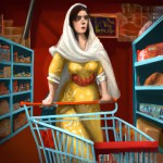 راه رفتن یک خانوم ایرانی در فروشگاه در حالی که چرخ سبد خرید را هل می دهد
