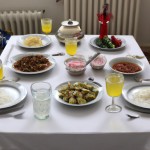 یه میز ناهار خوری با رومیزی سفید.۸تا بشقاب چینی سفید با ۸تا قاشق و چنگال.یه گلدون وسط میز .یه ظرف مرغ شکم پر و ظرف دیگه خورشت قیمه.انواع ترشی و سالاد هم روی میز.با دوتا دیس برنج سفید و زعفرونی.و نوشابه و دوغ