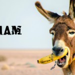 عکس یک الاغ در بیابان در حال خوردن موز روی گردنبندش نوشته امیر