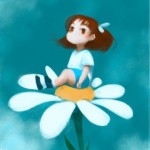 یه دختر کوچولو که روی یک گل بابونه نشسته