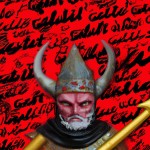 عکس یک شیطان در تصویر با نماد های ضد شیطان پرستی خیلی ریز در بکگراند و ایات قران به صورت خیلی ریز در بکگراند و نوشته Satan در بالای سر شیطان و بالای تصویر