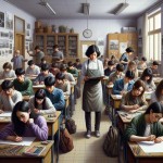کلاس هنرستان در ایران، دانش‌آموزان بی‌حوصله، معلم صبور، وسایل هنری، امید. سبک: نقاشی واقع‌گرایانه