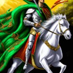 A high-resolution digital painting in an epic, conceptual style. A holy warrior rides a majestic white horse, wearing ornate golden armor and a flowing green cloak. His face is covered with a radiant divine light, giving him a sacred presence. He holds a long sword raised high in his right hand, symbolizing courage and leadership. The horse is armored as well, enhancing the royal and heroic impression. The background shows a battlefield filled with red flags, under a dramatic golden and dusty sk