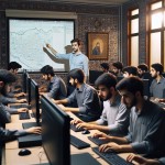 دانش اموزان پسر در کارگاه رایانه با تیپ ایرانی و معلم مرد جوان ایرانی پر انرژی