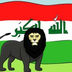 عکس پرچم واقعی کشور عراق به صورت کارتونی و در بهشت در کنار یک شیر بزرگ