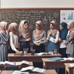 وکتور گروهی از معلمان ایرانی با حجاب که در یک کلاس باهم گفته گو علمی می کنند