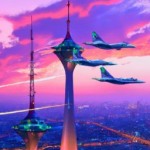A breathtaking, hyper-realistic, cinematic depiction of the Tehran skyline at sunset, with the iconic Milad Tower prominently centered, glowing with warm golden lights against a vibrant, colorful sky painted in hues of orange, pink, and purple. The scene is dynamic and intense, featuring a dramatic aerial battle between futuristic fighter jets soaring through the sky, their sleek metallic bodies reflecting the fading sunlight. Contrails and faint smoke trails weave through the air, adding a sens