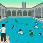تصویر کارتنی از حیاط حرم امام رضا ع و یک حوض بزرگ در وسط حیاط و پدر و پسری که مشغول وضو گرفتن هستند و مردم زیادی در حال رفت و آمد