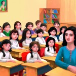 تصویر یک کلاس شاد دخترانه با ۲۲ نفر دانش اموز ایرانی با ۱۰ سال سن و در کلاس چهارم ابتدایی با خانم معلمی شاد