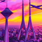 A breathtaking, hyper-realistic, cinematic depiction of the Tehran skyline at sunset, with the iconic Milad Tower prominently centered, glowing with warm golden lights against a vibrant, colorful sky painted in hues of orange, pink, and purple. The scene is dynamic and intense, featuring a dramatic aerial battle between futuristic fighter jets soaring through the sky, their sleek metallic bodies reflecting the fading sunlight. Contrails and faint smoke trails weave through the air, adding a sens