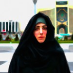 زن با حجاب چادر مشکی ایستاده در میدان آزادی تهران