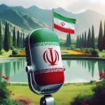 تصویر یک میکروفن بزرگ به رنگ پرچم ایران که در وسط یک پارک قرار دارد و در پس زمینه آن پرچم ایران قرار گرفته