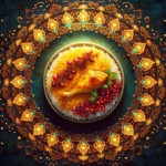 یک تصویر عمودی با کیفیت بسیار بالا (نسبت تصویر 4:5) بساز که در آن یک تخته یا بشقاب سنگی روشن روی سطحی بافت دار و با تم مینیاتوری روشن ایرانی قرار گرفته . غذا شامل زرشک پلو با مرغ باشد که به شکلی متعادل ، خوش فرم و اشتها برانگیز در مرکز قاب چیده شده است.