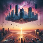 A surreal and imaginary image of a modern city where buildings, cars, and people are inverted and suspended in the sky, with a sunset background in purple and orange colors. Style: hyperrealism, high detail, 8k. Ensure the image is square for Instagram profile. Leave a clear, prominent space for text at the bottom center or top center of the image, suitable for an Instagram ID. (Flux-schnell)