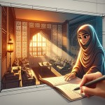 خانم بسیار  زیبا و  مهربان و عاقل و محجبه و   چادری  و نویسنده  در حال نوشتن در اتاقی زیبا با پنجره ای رو به طبیعت
