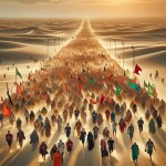 تصویر تعداد زیادی آدم که پرچم هایی به رنگ قرمز، سبز و ... دستشان است و در یک جاده کویری در حال پیاده روی اربعین می باشند