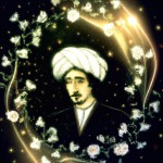 Portrait of Hafez Shirazi as a legendary mystical poet, surrounded by swirling calligraphy of his ghazals, radiant golden light illuminating his serene face, adorned with traditional Persian attire and a soft turban, background of ancient Persian gardens with blooming roses and cypresses under a starry night sky, ethereal and timeless atmosphere, detailed and poetic style, inspired by Persian miniature paintings and fantasy art."