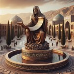 A realistic bronze statue of Hafez Shirazi in the center of a traditional plaza in Shiraz, Iran. Hafez holds a scroll, wearing flowing Persian robes, with poetic expression on his face. The pedestal is adorned with Persian calligraphy and surrounded by a circular fountain with mosaic tiles. Cypress trees, old Shirazi buildings, and Zagros mountains in the background. Golden hour lighting, cinematic atmosphere, ultra-detailed, 8K, realistic style