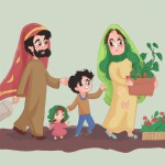 خانواده مدرن ایرانی که مادر شال شل روی سرش داره و موهاش بلنده و مشخصه. داره به بچه اش باغبونی یاد میده و پدر خانواده با یه گلدون در دست داره میاد سمتشون. خوشحالن. #واقعی
