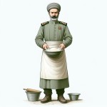 تصویر یک نانوای ایرانی که از کمر به پایین لباس نانوا دارد اما از کمر به بالا لباس یک سپاهی