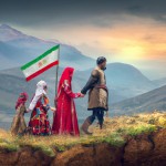 یک عکس از اقوام مختلف ایرانی که لباس محلی پوشیده اند و در دامنه های سرسبز زاگرس در کنار فرزندانشان در حال قدم زدن هستند و پرچم ایران در دست دارند