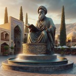 A realistic bronze statue of Hafez Shirazi in the center of a traditional plaza in Shiraz, Iran. Hafez holds a scroll, wearing flowing Persian robes, with poetic expression on his face. The pedestal is adorned with Persian calligraphy and surrounded by a circular fountain with mosaic tiles. Cypress trees, old Shirazi buildings, and Zagros mountains in the background. Golden hour lighting, cinematic atmosphere, ultra-detailed, 8K, realistic style