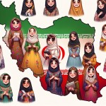 نقشه ایران با زمینه رنگ پرچم ایران و داخل آن دختران با لبخند و با حجاب و لباس های محلی   مازندران ترک لر بلوچ عرب آذری سیستانی