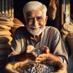 یک پیرمرد مهربون  سبیلو می‌خوام که استاد خرید و فروش تخمه آفتابگردونه.دستش رو داخل کیسه کرده و یه مشت تخمه رو برانداز می‌کنه.